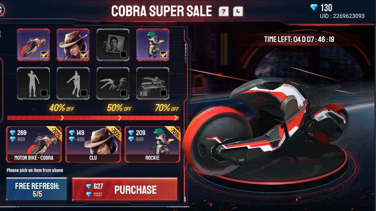 Garena Free Fire Cobra Super Sale offers discounts of up to 70% on in-game items