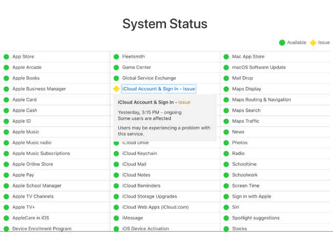 Apple's status page still shows issues with iCloud sign in