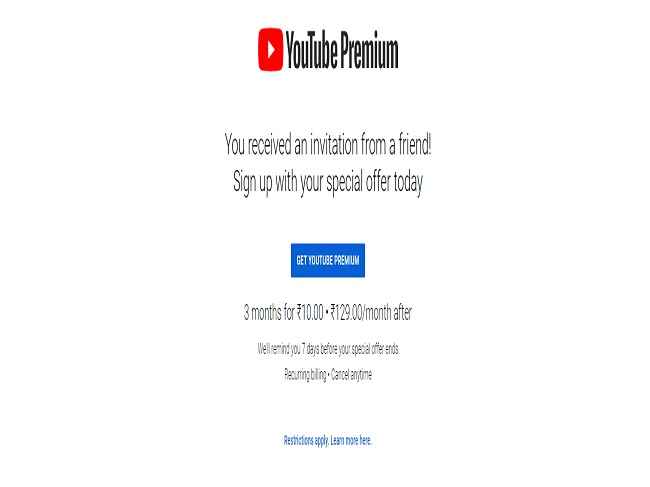 Youtube premium subscription only in rs 10