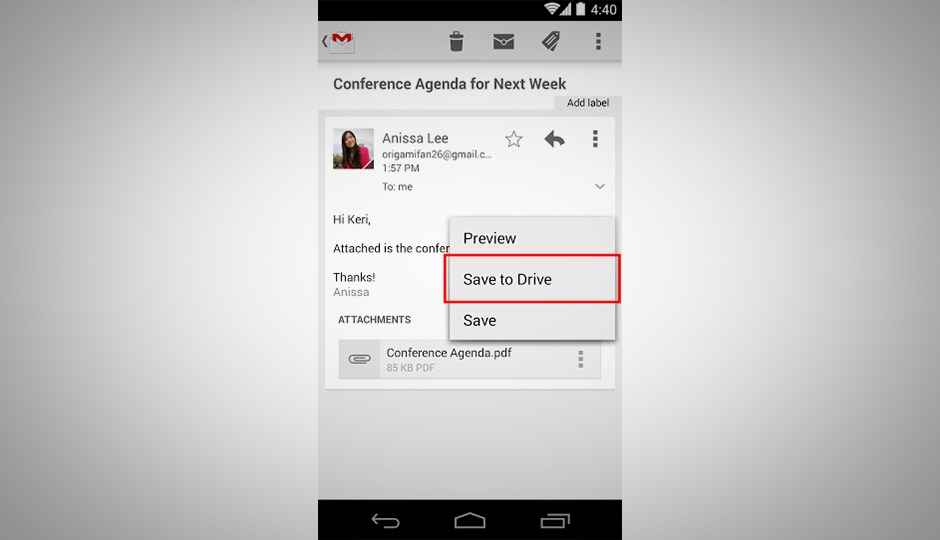 Gmail for Android now lets you save attachments to Google Drive