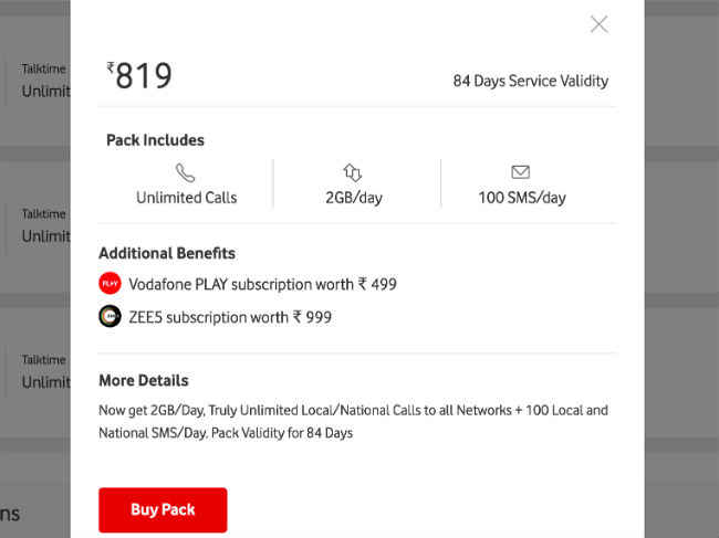 Vodafone Idea Rs 819 prepaid plan details.