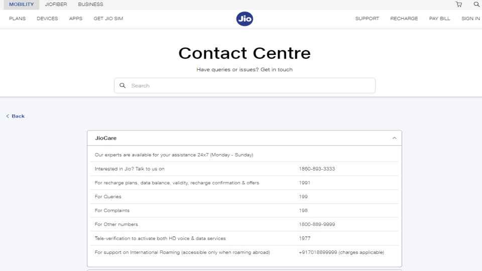 Jio customer care contact numbers