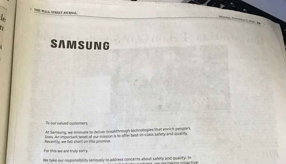 Samsung issues full-page apology ad over Galaxy Note7 recall Samsung issues full-page apology ad over Galaxy Note7 recall