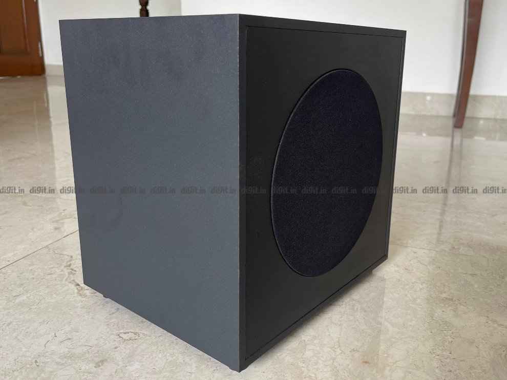 The subwoofer has a simple design with a rear facing duct. 