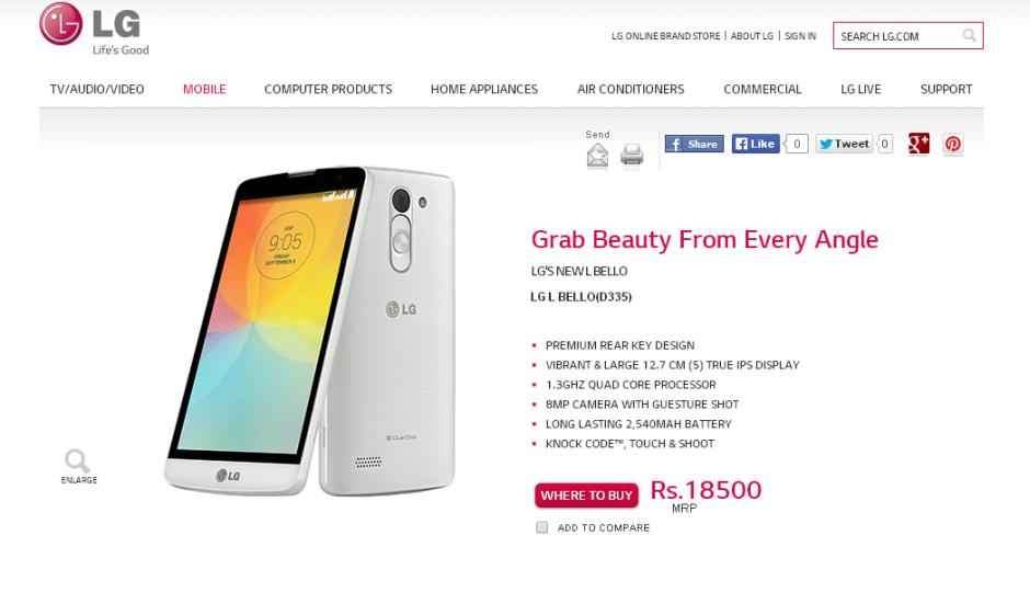 LG L Bello, 5-inch quad-core phone listed online for Rs. 18,500