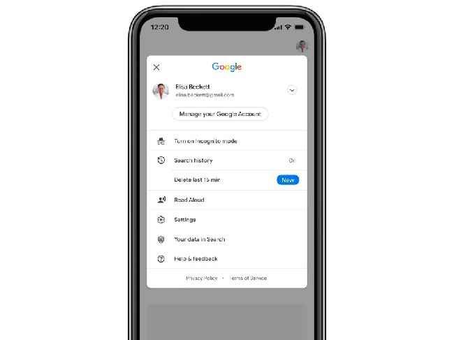 Delete last 15 minutes option on Google for iOS | Source: Google
