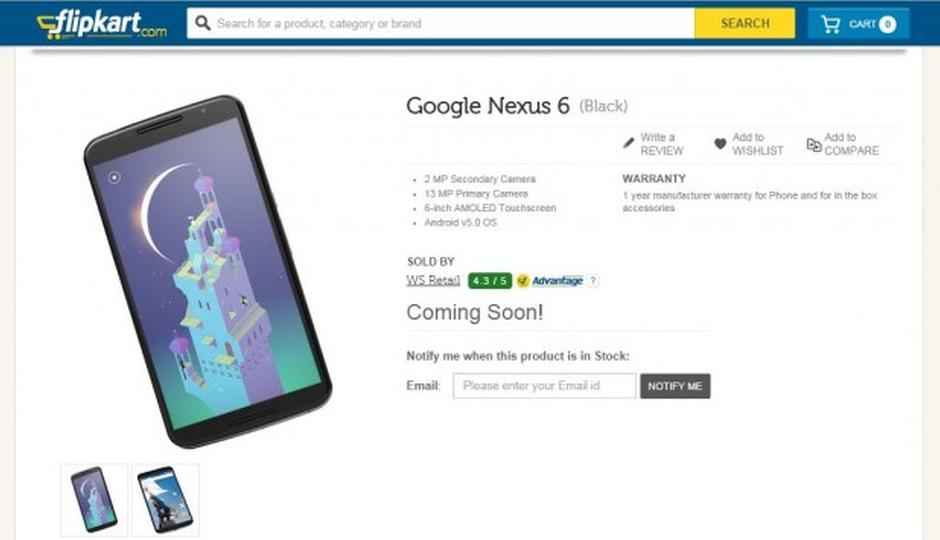 Android 5.0-based Nexus 6 smartphone listed on Flipkart