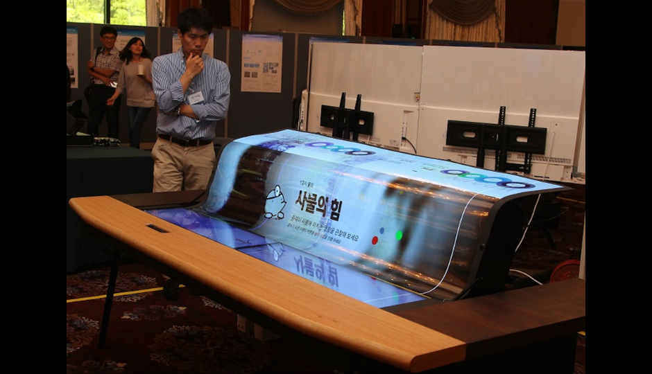 This bench is upholstered with the world’s first 77-inch transparent, flexible OLED display from LG