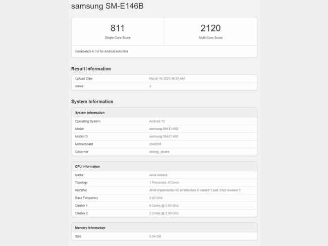 Punteggio geekbench Samsung Galaxy F14