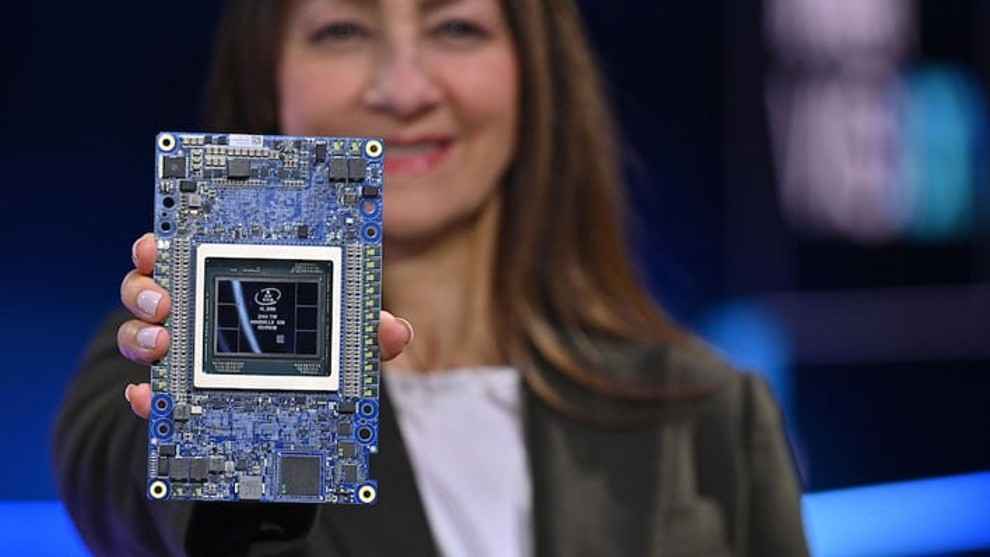 Intel's Sandra Rivera with Gaudi2 chip