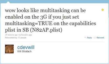 iPhone developer tweet remarking about multitasking capability