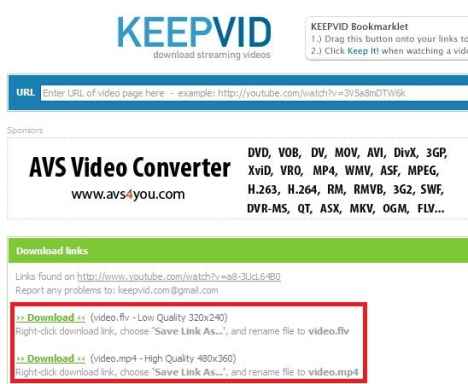 Download youtube videos using keepvid