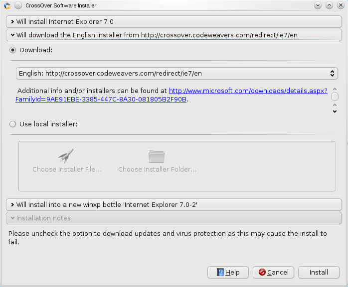 Crossover software installer installing IE7