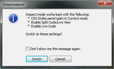 Dreamweaver CS5 Inspect mode switch
