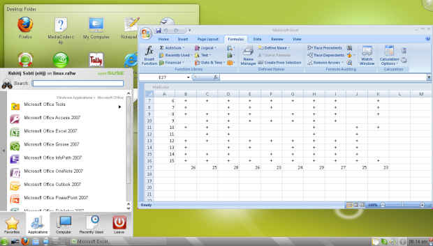 Microsoft Office Excel 2007 running on openSUSE using CrossOver 9.0. [Click for larger image]