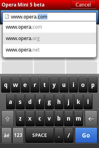 URL auto-complete, and touch-screen text entry on Opera Mini 5 beta