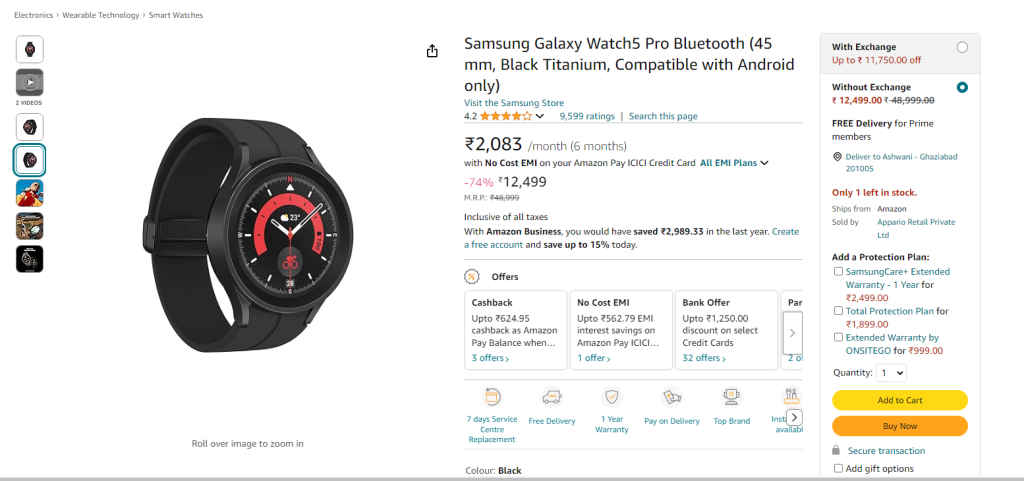 galaxy watch5 pro bluetooth deal on amazon india