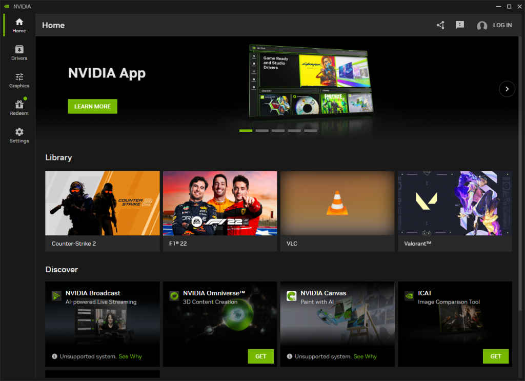 The latest version of the NVIDIA App running on a Gaming Laptop 