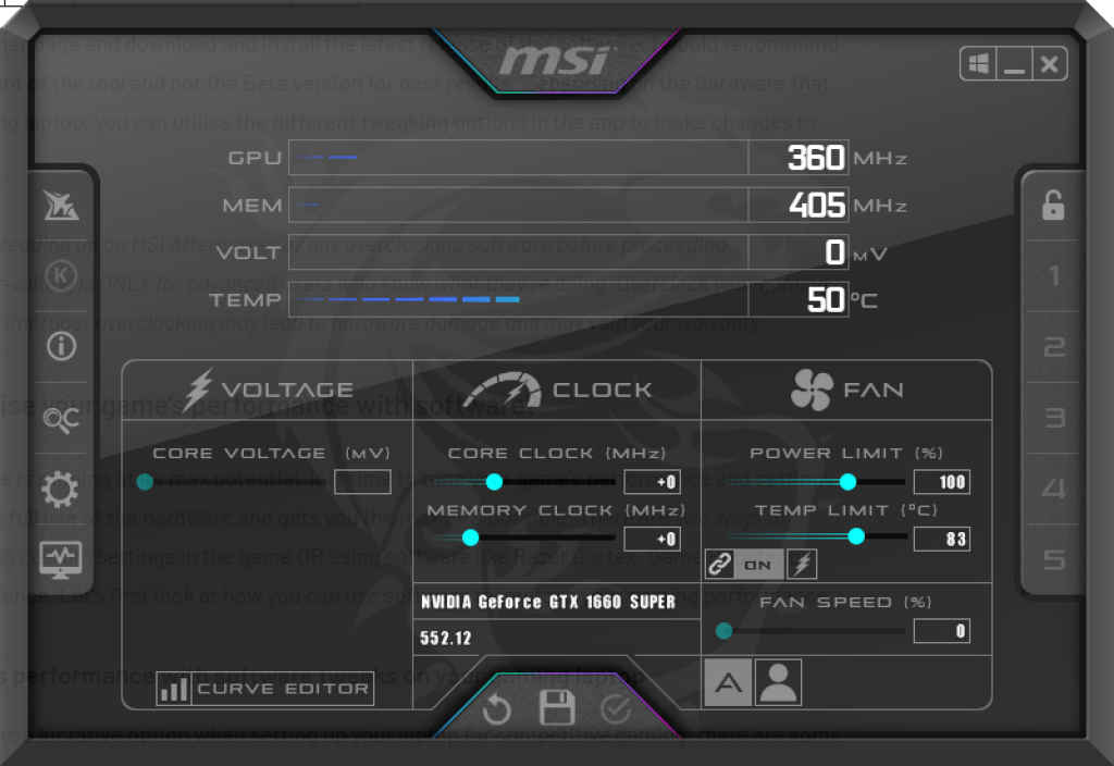 MSI AfterBurner running on a Gaming Laptop 