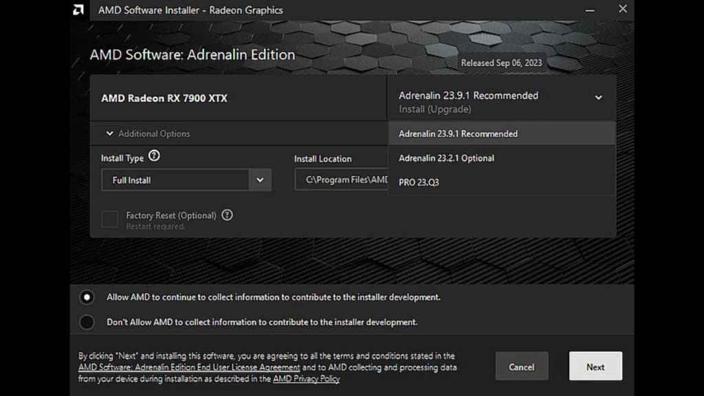 AMD GPU App installation running on a Gaming Laptop