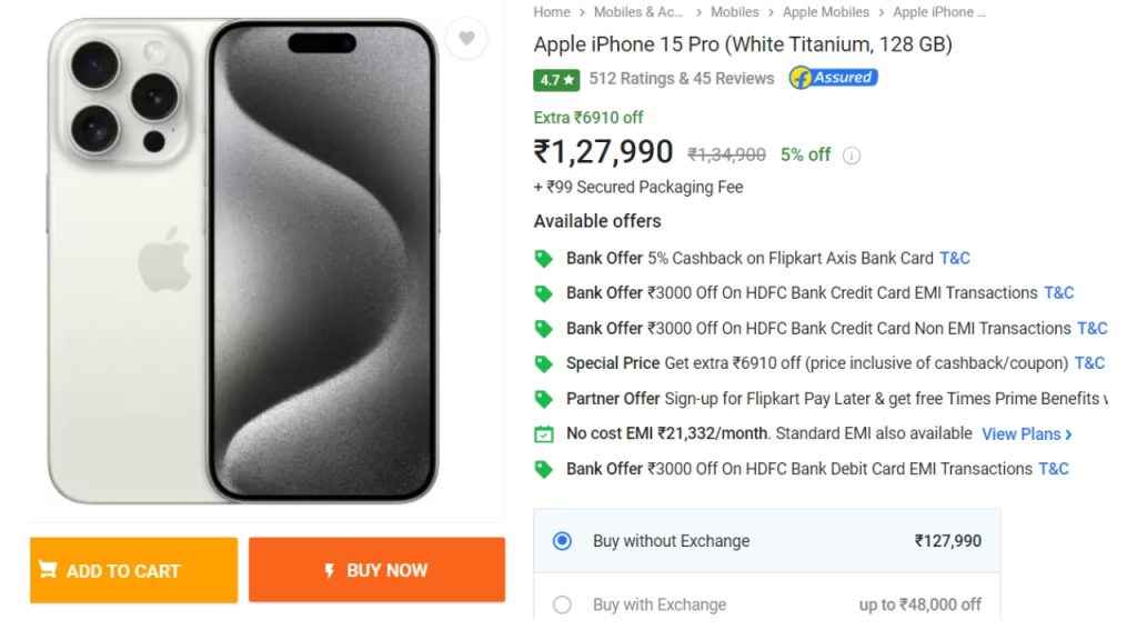 iPhone 15 Pro Discount on Flipkart