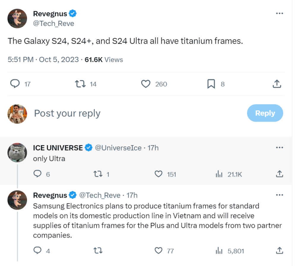 Revegnus and Ice Universe are having a little bit of an argument on whether all Galaxy S24 models will feature Titanium or just the Ultra model.