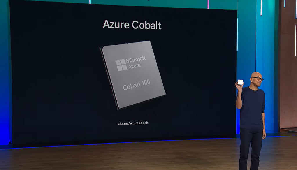 Satya Nadella announcing Cobalt Arm chip at Microsoft Ignite 2023