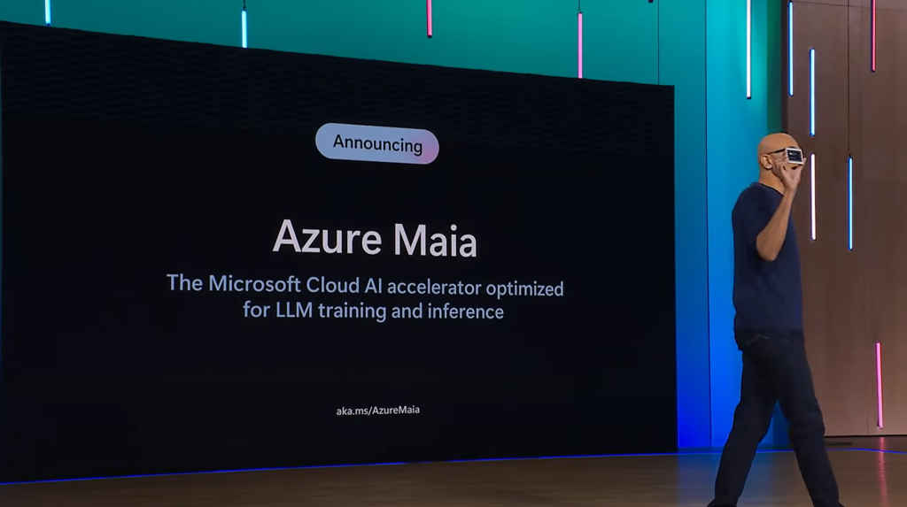 Satya Nadella announcing Maia AI chip at Microsoft Ignite 2023