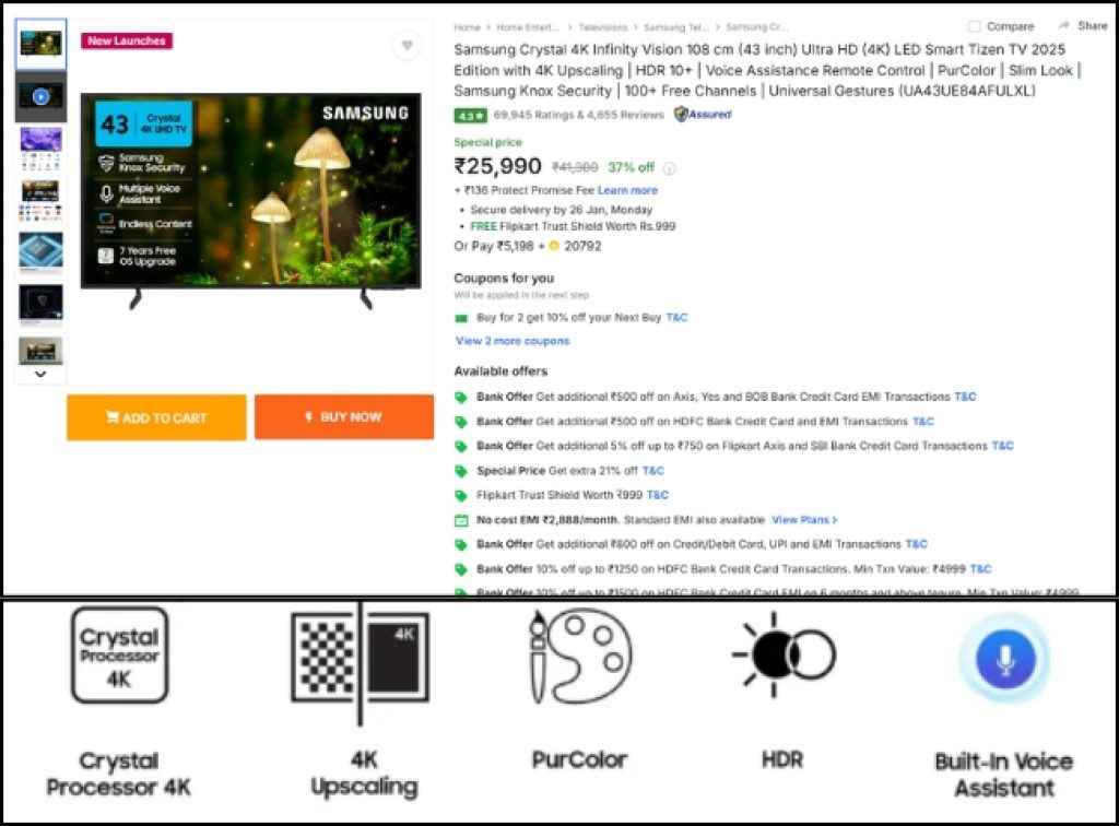 latest Samsung 4K Smart Tv big deal on flipkart sale