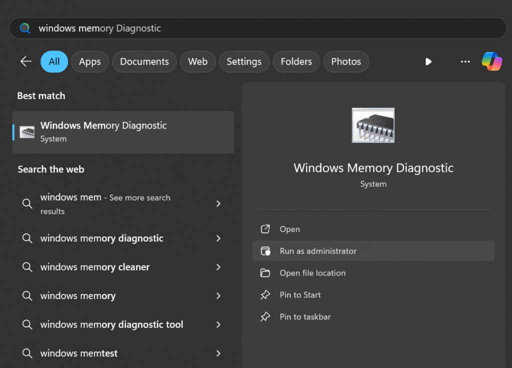 Windows Memory Diagnostic in Windows 11 on a High-End Laptop