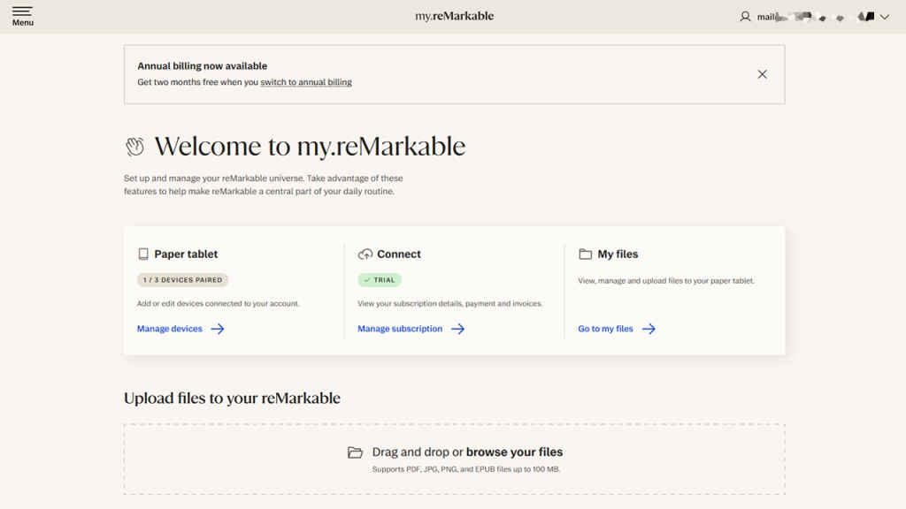 reMarkable Account with Connect subscription details