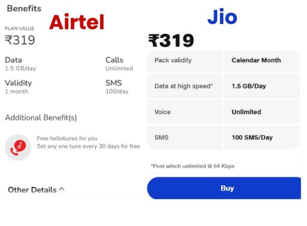 Airtel jio rs 319 plans