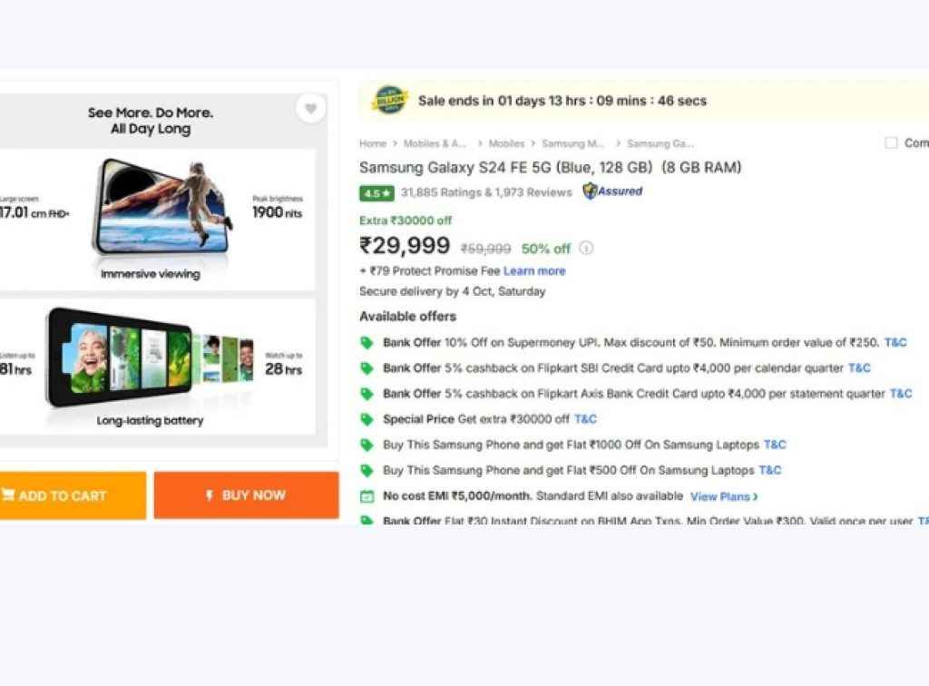 samsung galaxy s24 fe price drops by over rs 30000 during flipkart big billion days sale 2025