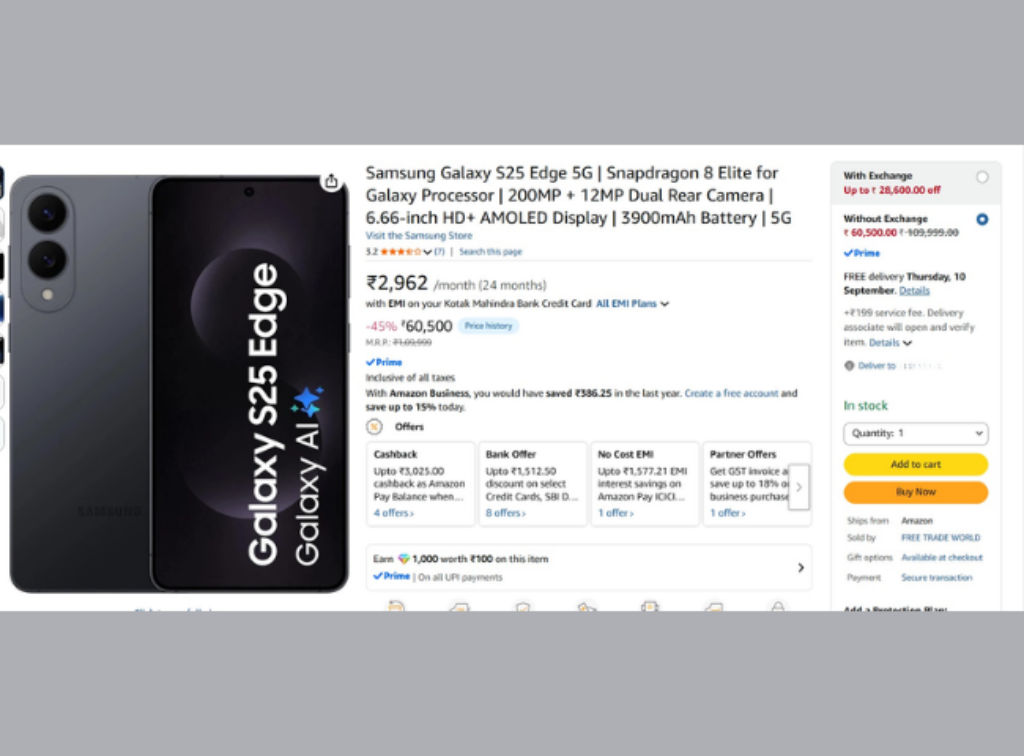 samsung galaxy s25 edge with 200MP camera phone Price drop just half on Amazon