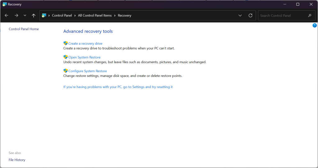 Advanced recovery tools in Windows
