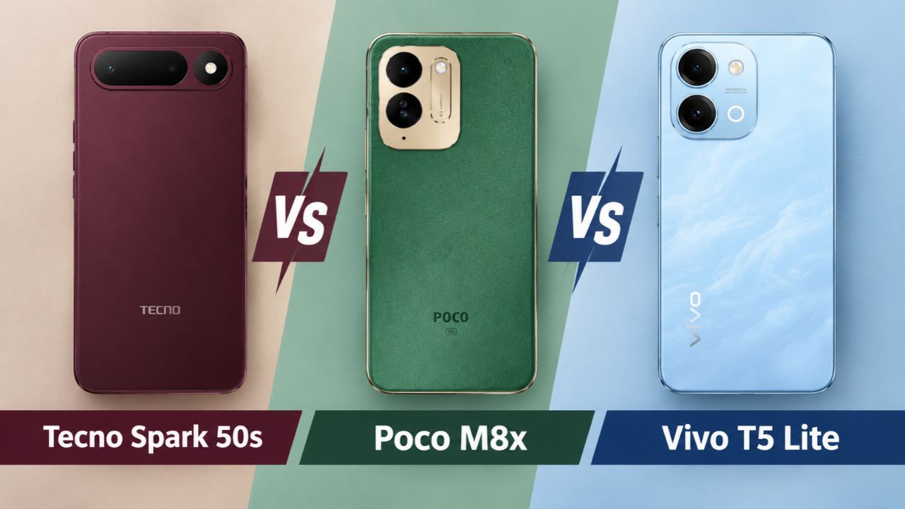 Tecno Spark 50S vs Poco M8x vs Vivo T5 Lite: डिस्प्ले, कैमरा, बैटरी कीमत और अन्य की तुलना