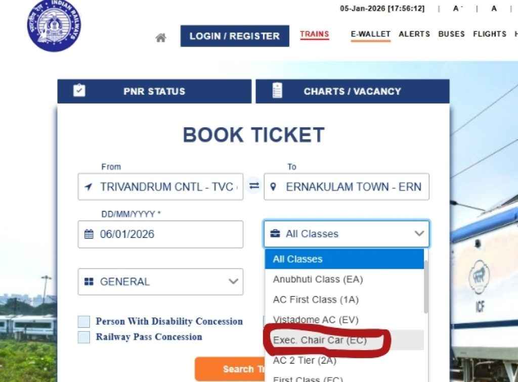 vande bharat ticket booking online